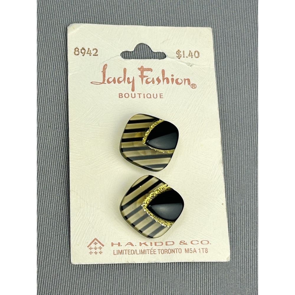 Vintage Black Gold & Clear Plastic Buttons NEW Old Stock On Card Set Of 2